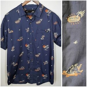 Lost Button Up Shirt Men Medium Blue Skull Pizza Surfboard Coffin Shark Tropical